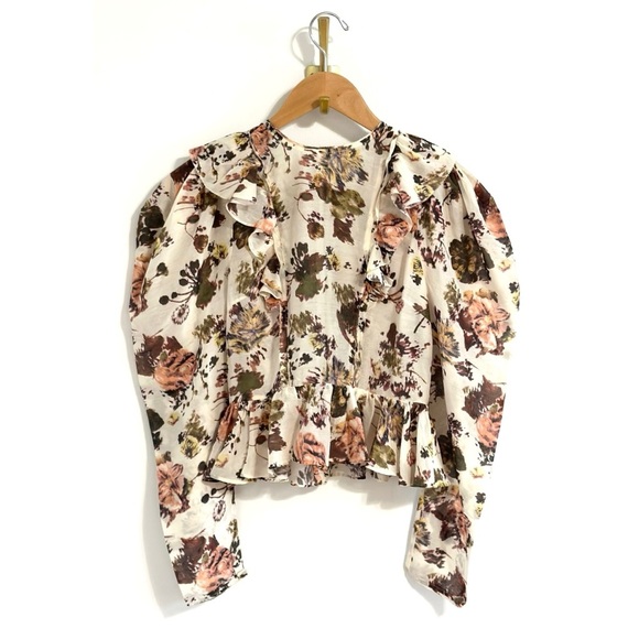 Ulla Johnson Silk-Blend Long Puff-Sleeve Floral Minnet Blouse - Picture 2 of 6